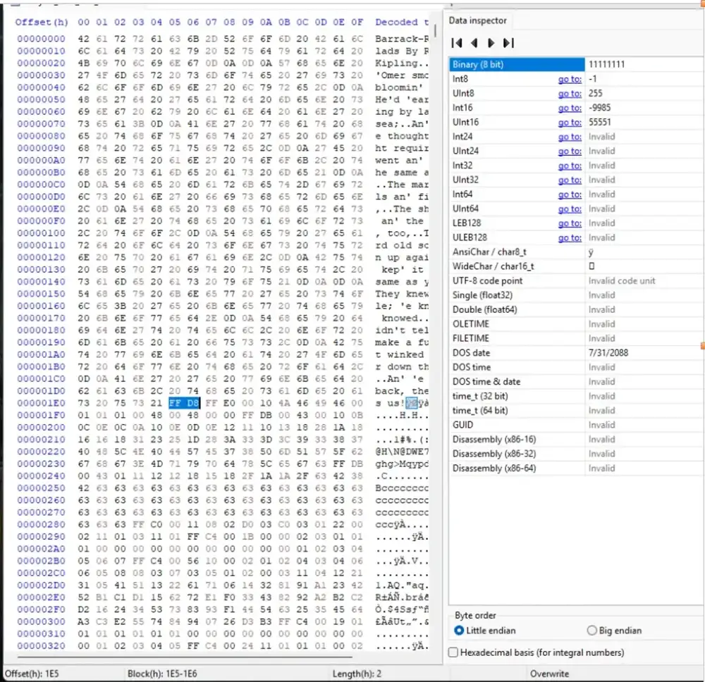 Digital forensic command line and hex editor analysis