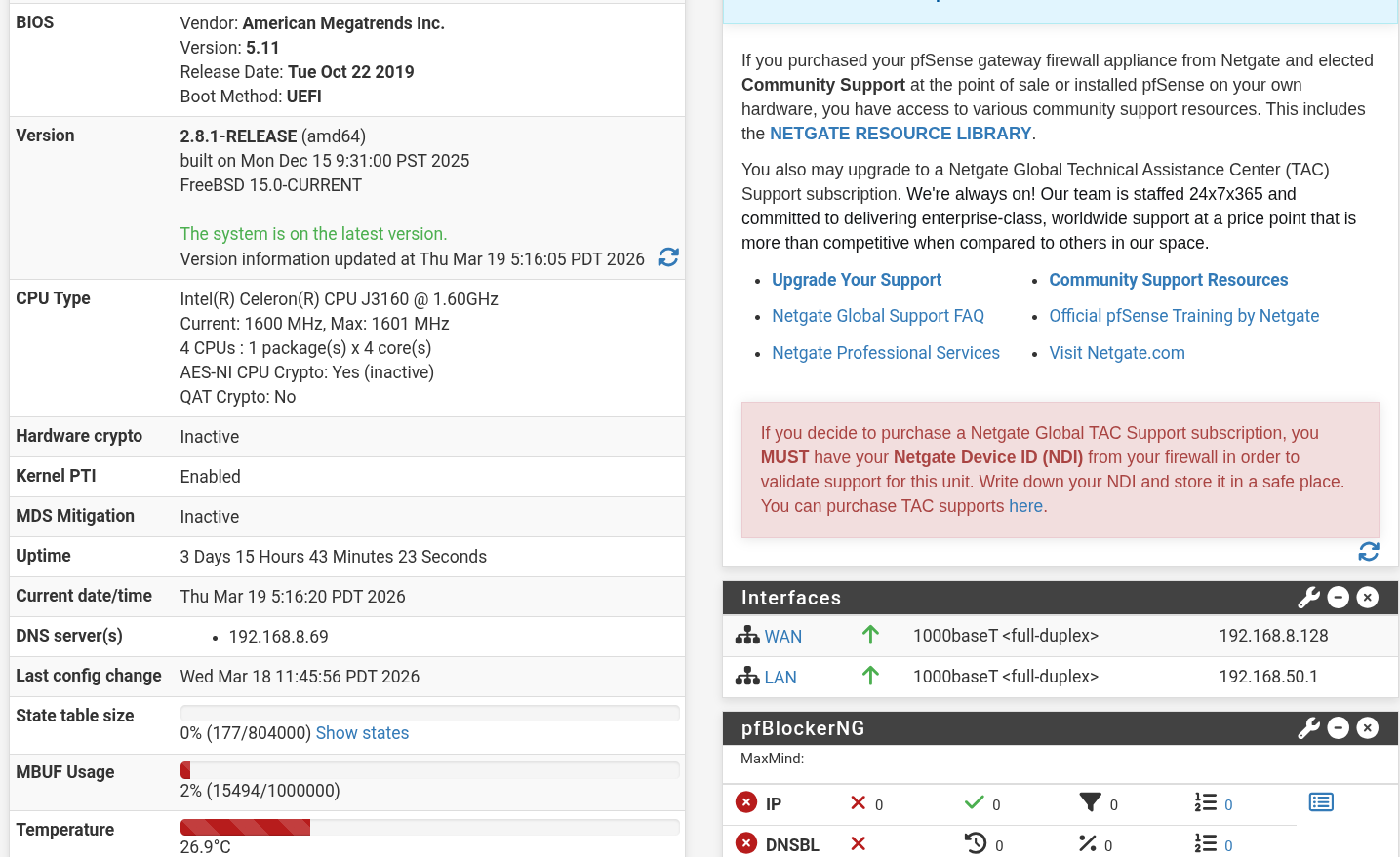 pfSense dashboard