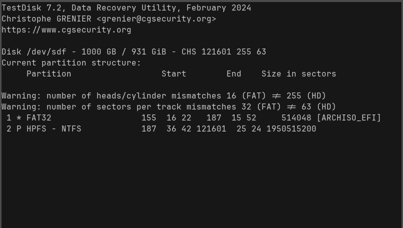 Testdisk showing mismatch sectors and heads/cylinder